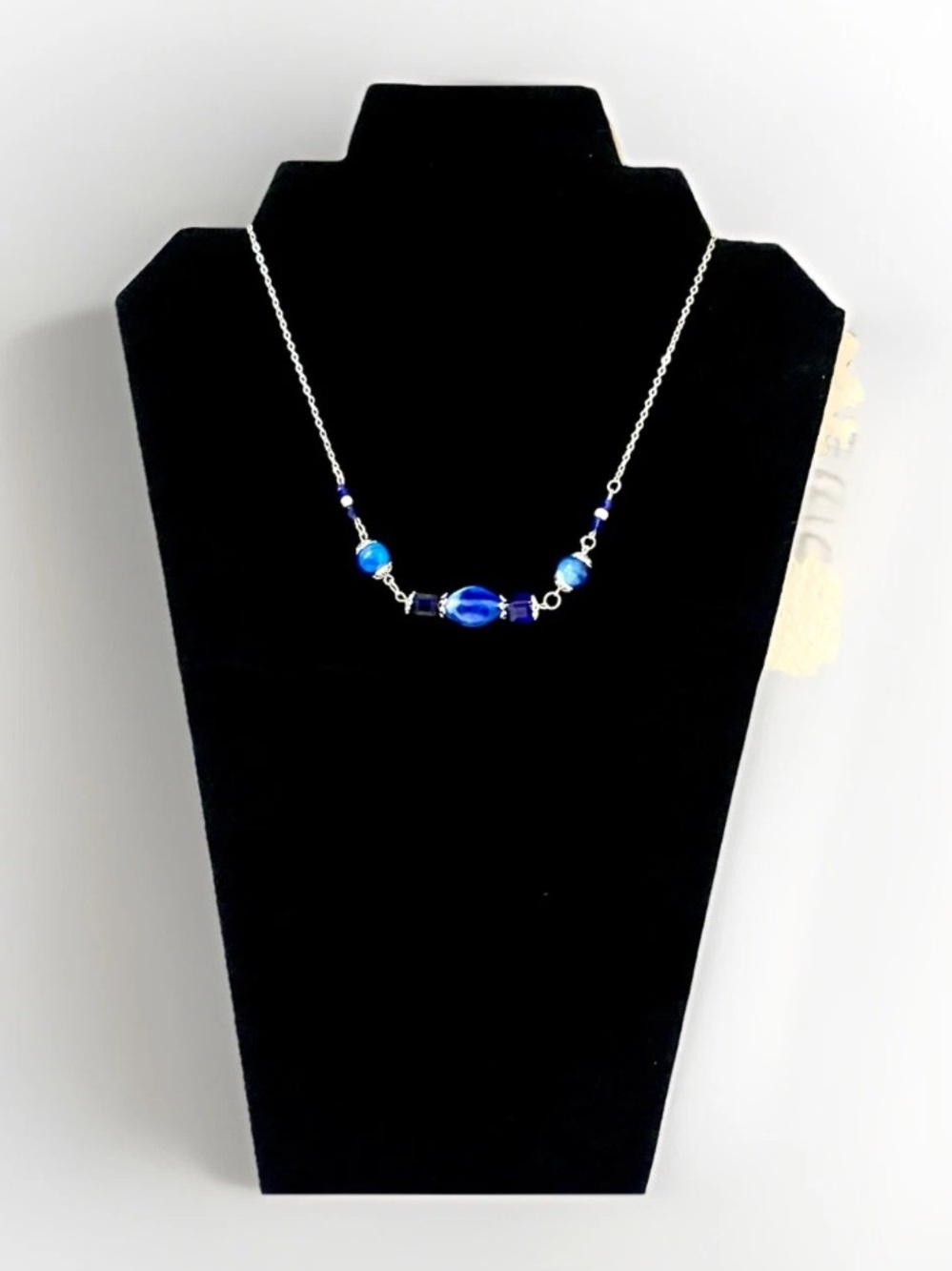 Handmade Blue Bead Necklace Silver Tone Chain Link Bar Choker Cute Gift